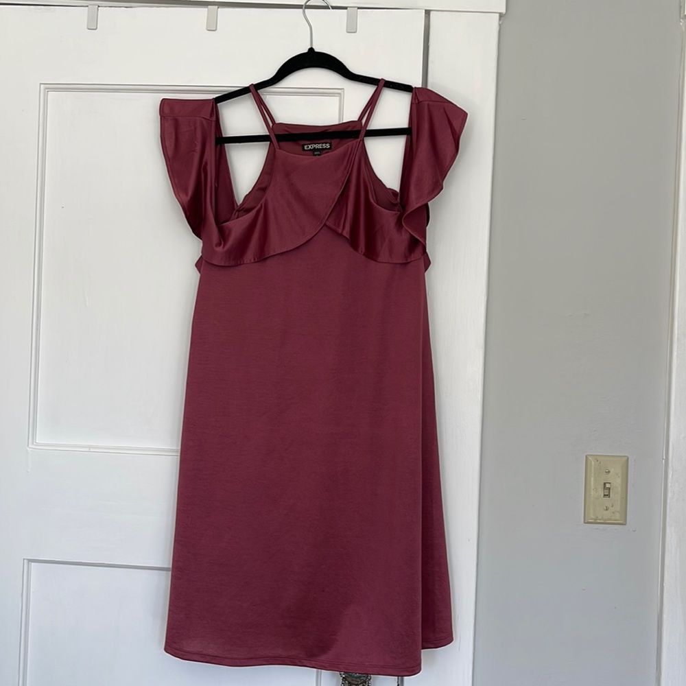 Burgundy dress with high neckline and off the shoulder ruffle details